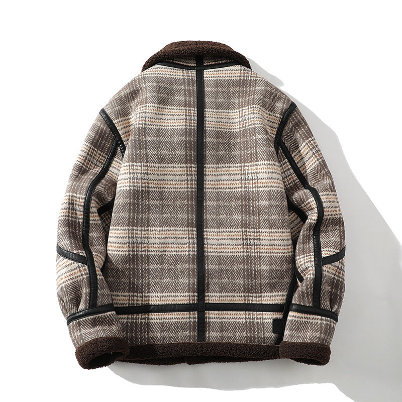 Men's Sherpa Lined Plaid Flight Jacket with Foldover Collar and Angled Pockets
