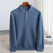 Men's Wool Polo Sweater, Fine Knit Long Sleeve Button Pullover