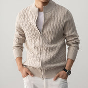 Men's Wool Blend Cable Knit Zip Up Cardigan, Mock Neck Winter Sweater