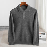 Men's Wool Polo Sweater, Fine Knit Long Sleeve Button Pullover