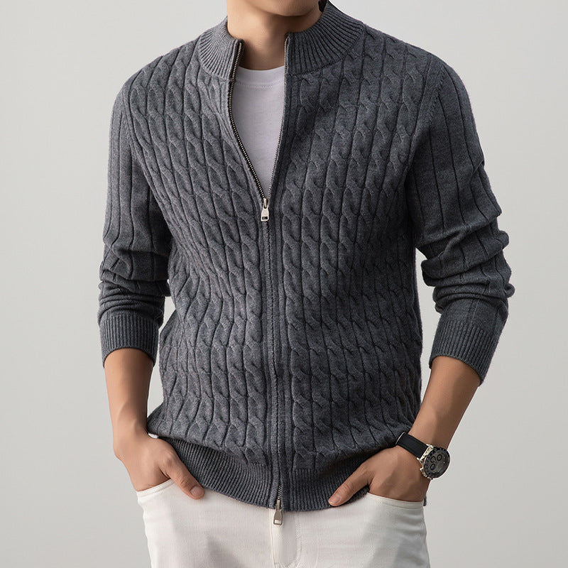 Men's Wool Blend Cable Knit Zip Up Cardigan, Mock Neck Winter Sweater — view 1