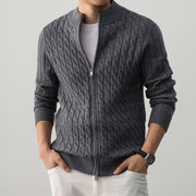 Men's Wool Blend Cable Knit Zip Up Cardigan, Mock Neck Winter Sweater
