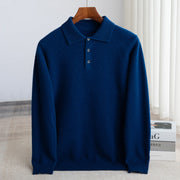 Men's Wool Polo Sweater, Fine Knit Long Sleeve Button Pullover