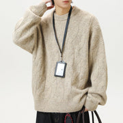 Men's Brushed Cable Knit Sweater, Oversized Crewneck Pullover