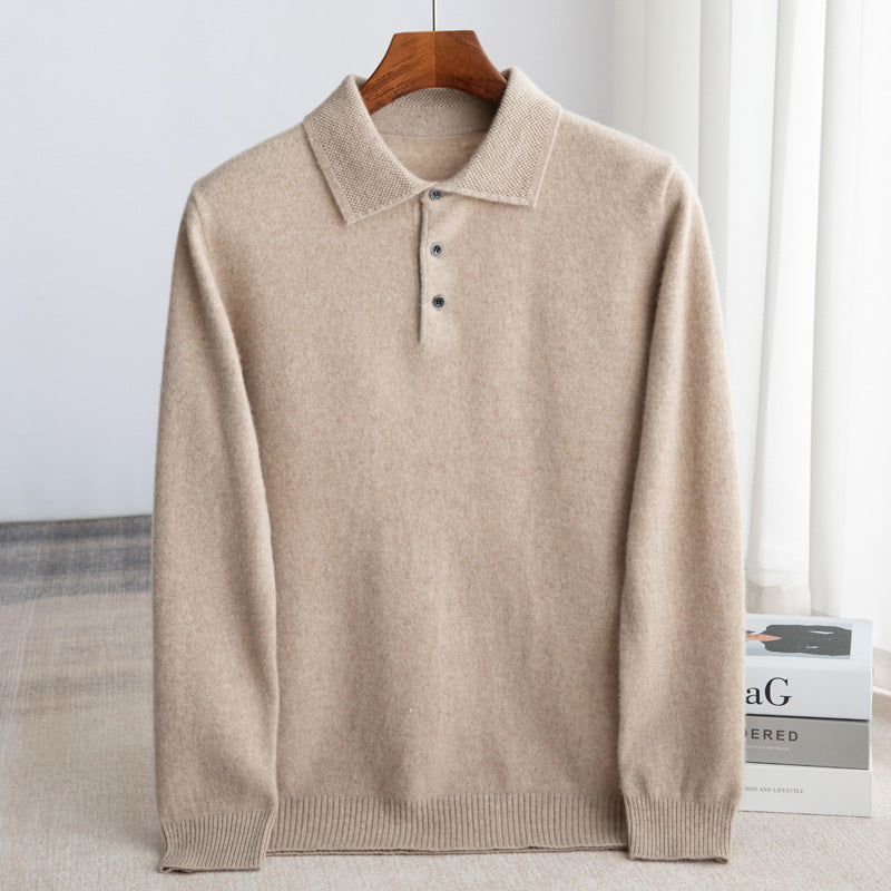 Men's Wool Polo Sweater, Fine Knit Long Sleeve Button Pullover — view 2
