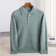 Men's Wool Polo Sweater, Fine Knit Long Sleeve Button Pullover