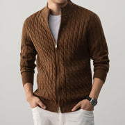 Men's Wool Blend Cable Knit Zip Up Cardigan, Mock Neck Winter Sweater