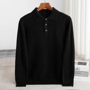 Men's Wool Polo Sweater, Fine Knit Long Sleeve Button Pullover