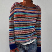 Women's Striped Brushed Knit Sweater, Boat Neck Oversized Winter Pullover