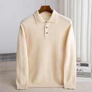 Men's Wool Polo Sweater, Fine Knit Long Sleeve Button Pullover