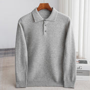 Men's Wool Polo Sweater, Fine Knit Long Sleeve Button Pullover
