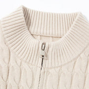 Men's Wool Blend Cable Knit Zip Up Cardigan, Mock Neck Winter Sweater
