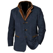 Men's Leather Button Front Jacket with Contrast Collar and Trim