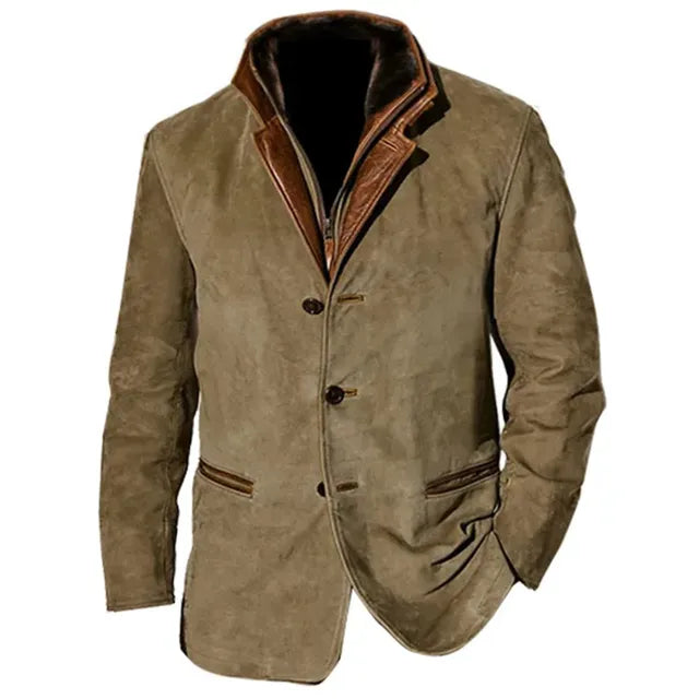 Men's Leather Button Front Jacket with Contrast Collar and Trim in Khaki