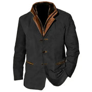 Men's Leather Button Front Jacket with Contrast Collar and Trim