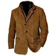Men's Leather Button Front Jacket with Contrast Collar and Trim