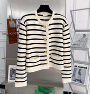Women's Striped Knit Cardigan, Gold Button Patch Pocket Sweater