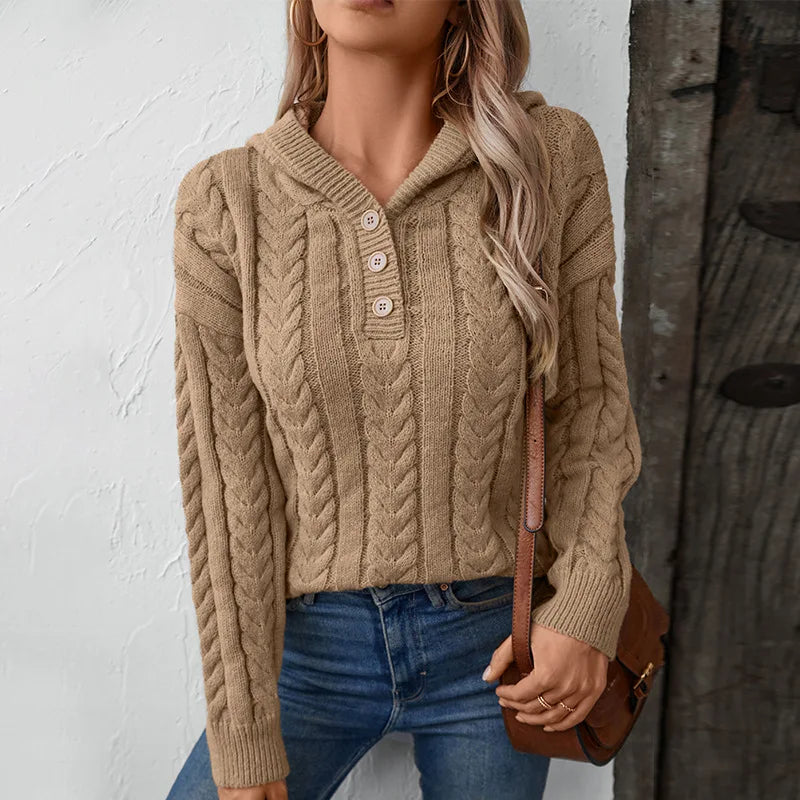 Women's Hooded Cable Knit Pullover, Three Button Neck Winter Sweater — view 1