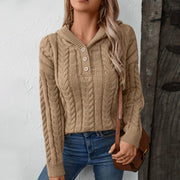Women's Hooded Cable Knit Pullover, Three Button Neck Winter Sweater