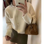 Women's Cropped Knit Cardigan, Gold Button Collarless Sweater Jacket