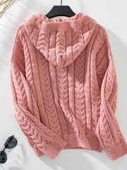 Women's Hooded Cable Knit Pullover, Three Button Neck Winter Sweater