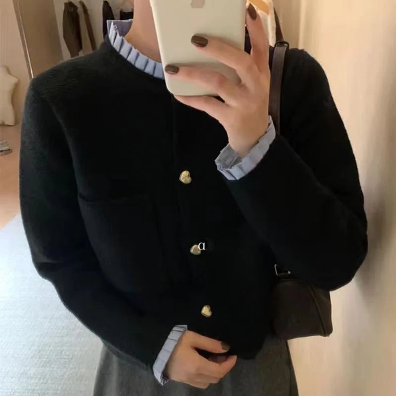 Women's Cropped Knit Cardigan, Gold Button Collarless Sweater Jacket — view 1