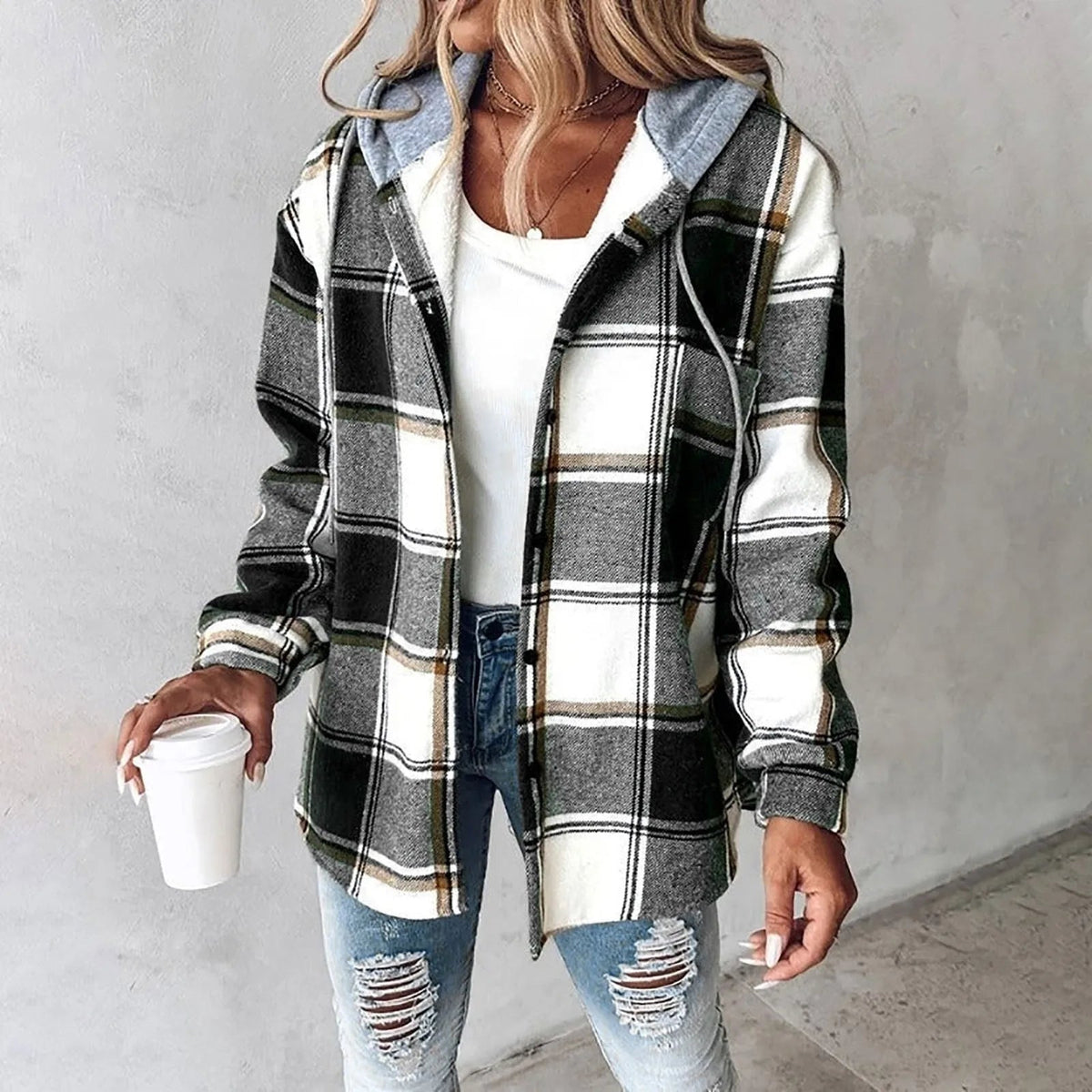 Women's Plaid Hooded Shirt Jacket, Button Front Brushed Check Overshirt — view 1
