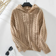 Women's Hooded Cable Knit Pullover, Three Button Neck Winter Sweater