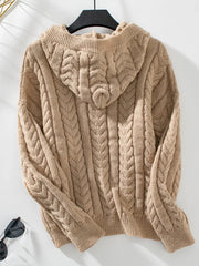 Women's Hooded Cable Knit Pullover, Three Button Neck Winter Sweater