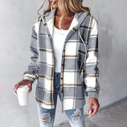 Women's Plaid Hooded Shirt Jacket, Button Front Brushed Check Overshirt