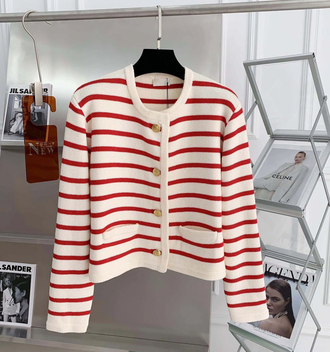 Women's Striped Knit Cardigan, Gold Button Patch Pocket Sweater — view 2