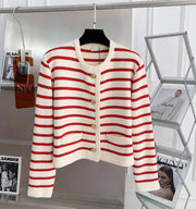 Women's Striped Knit Cardigan, Gold Button Patch Pocket Sweater