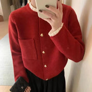 Women's Cropped Knit Cardigan, Gold Button Collarless Sweater Jacket