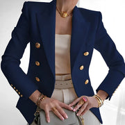 Women's Double Breasted Blazer, Gold Button Peak Lapel Office Jacket