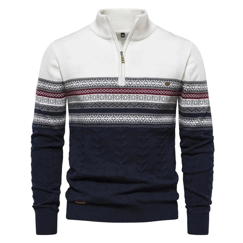 Men's Fair Isle Cable Knit Quarter Zip Sweater with Color Block Panels