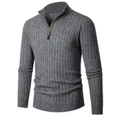 Men's Wide Ribbed Knit Quarter Zip Sweater, Slim Fit Winter Pullover