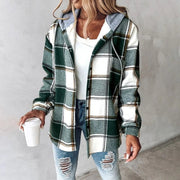 Women's Plaid Hooded Shirt Jacket, Button Front Brushed Check Overshirt