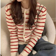 Women's Striped Knit Cardigan, Gold Button Patch Pocket Sweater