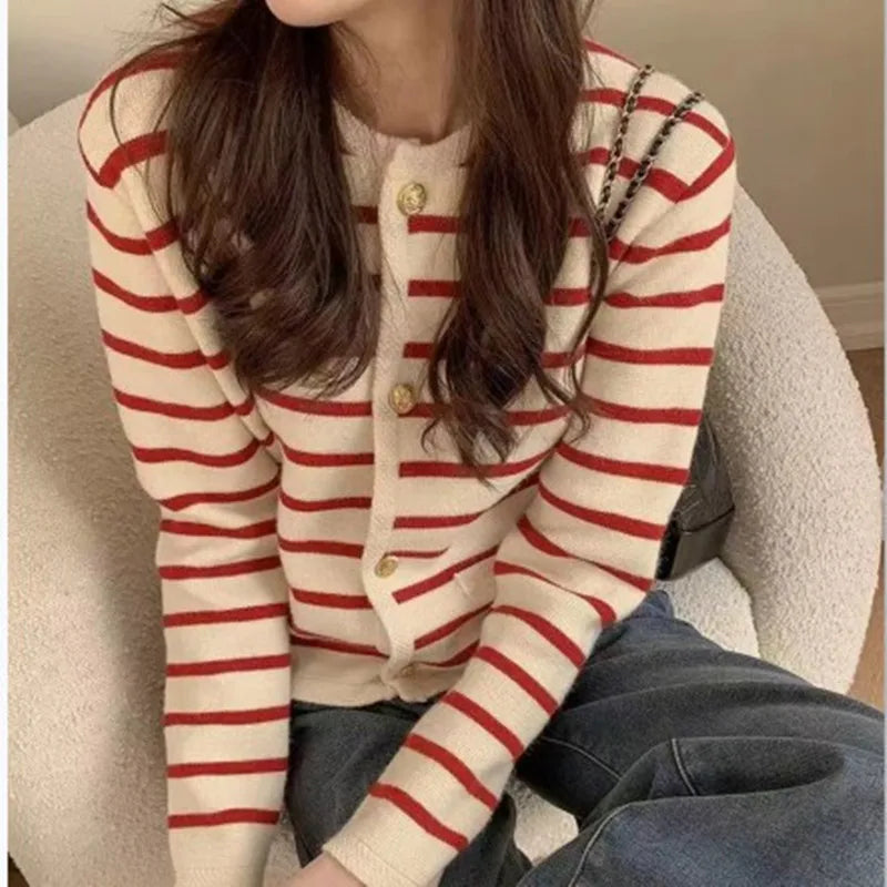 Women's Striped Cropped Knit Cardigan with Gold Crest Buttons and Patch Pockets