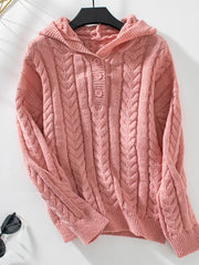Women's Hooded Cable Knit Pullover, Three Button Neck Winter Sweater
