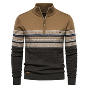 Men's Fair Isle Knit Quarter Zip Sweater, Color Block Winter Pullover