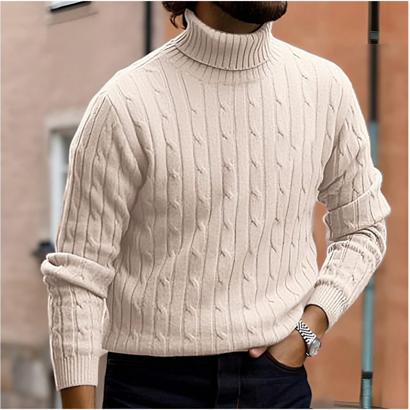 Men's Fine Cable Knit Turtleneck Sweater with Foldover Neck