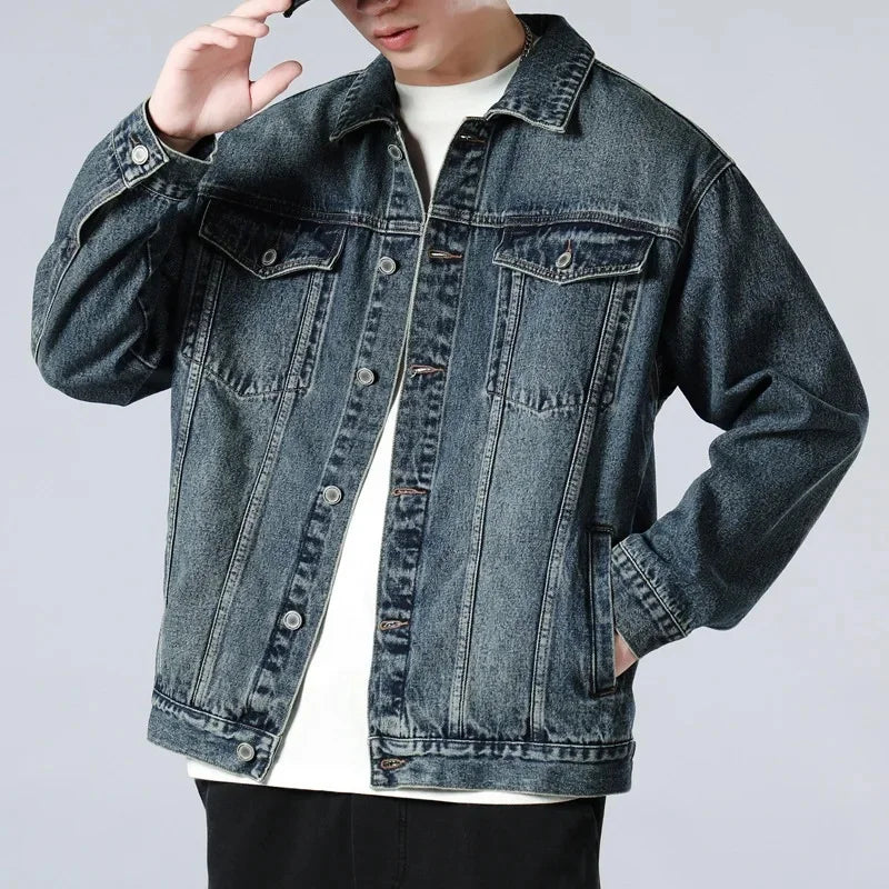 Men's Washed Cotton Denim Trucker Jacket with Chest, Hip and Inside Pockets