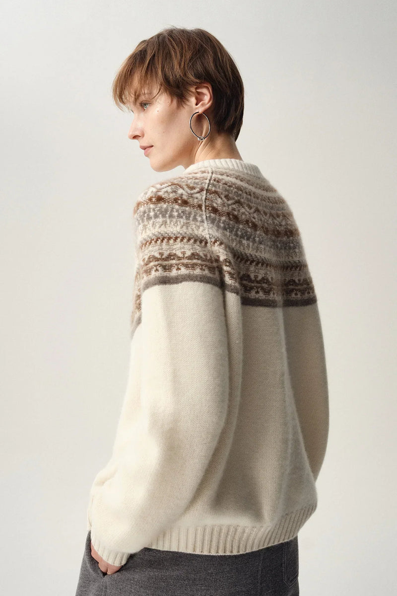 Women's Wool Fair Isle Button Front Cardigan with Ribbed Trim