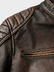 Men's Faux Leather Moto Jacket, Quilted Shoulder Zip Up Biker Jacket