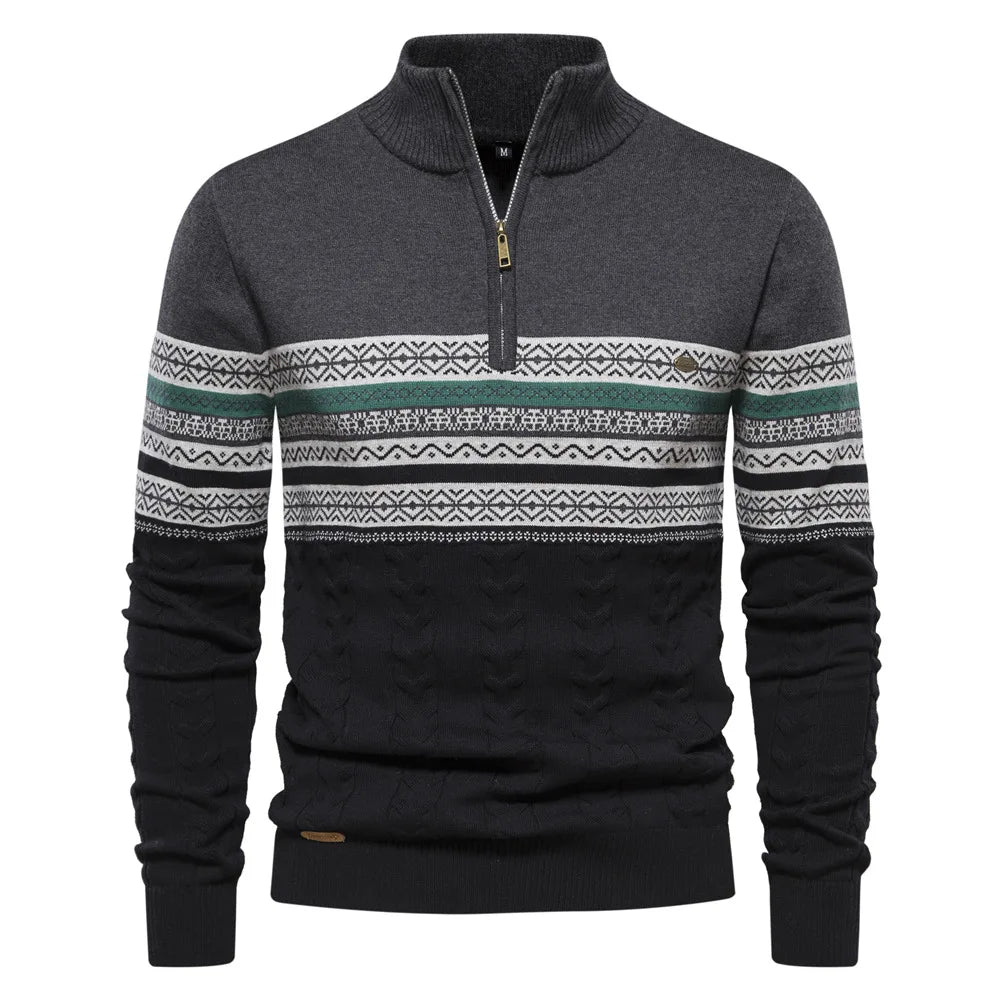 Men's Fair Isle Knit Quarter Zip Sweater, Color Block Winter Pullover — view 1