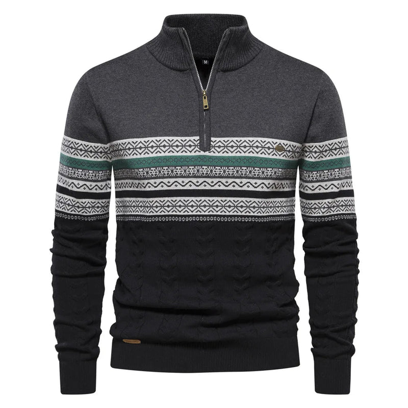 Men's Fair Isle Cable Knit Quarter Zip Sweater with Color Block Panels