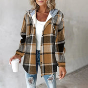 Women's Plaid Hooded Shirt Jacket, Button Front Brushed Check Overshirt
