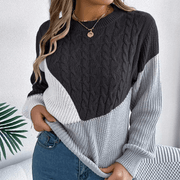 Women's Color Block Cable Knit Sweater, Relaxed Crewneck Winter Pullover