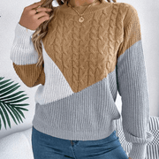 Women's Color Block Cable Knit Sweater, Relaxed Crewneck Winter Pullover